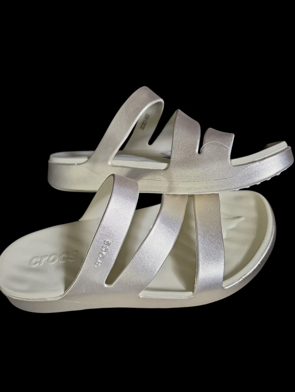 CROCS Women's Free Feel Metallic Champagne Triple-Strap Slide Sandals NWT Size 9 - Picture 2 of 8